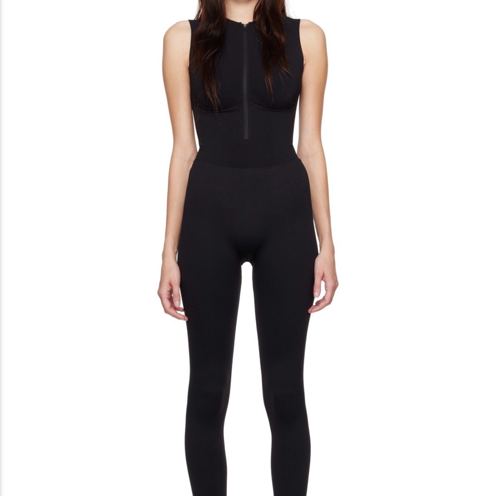 SKIMS Black Contour Nylon Front Zip Catsuit